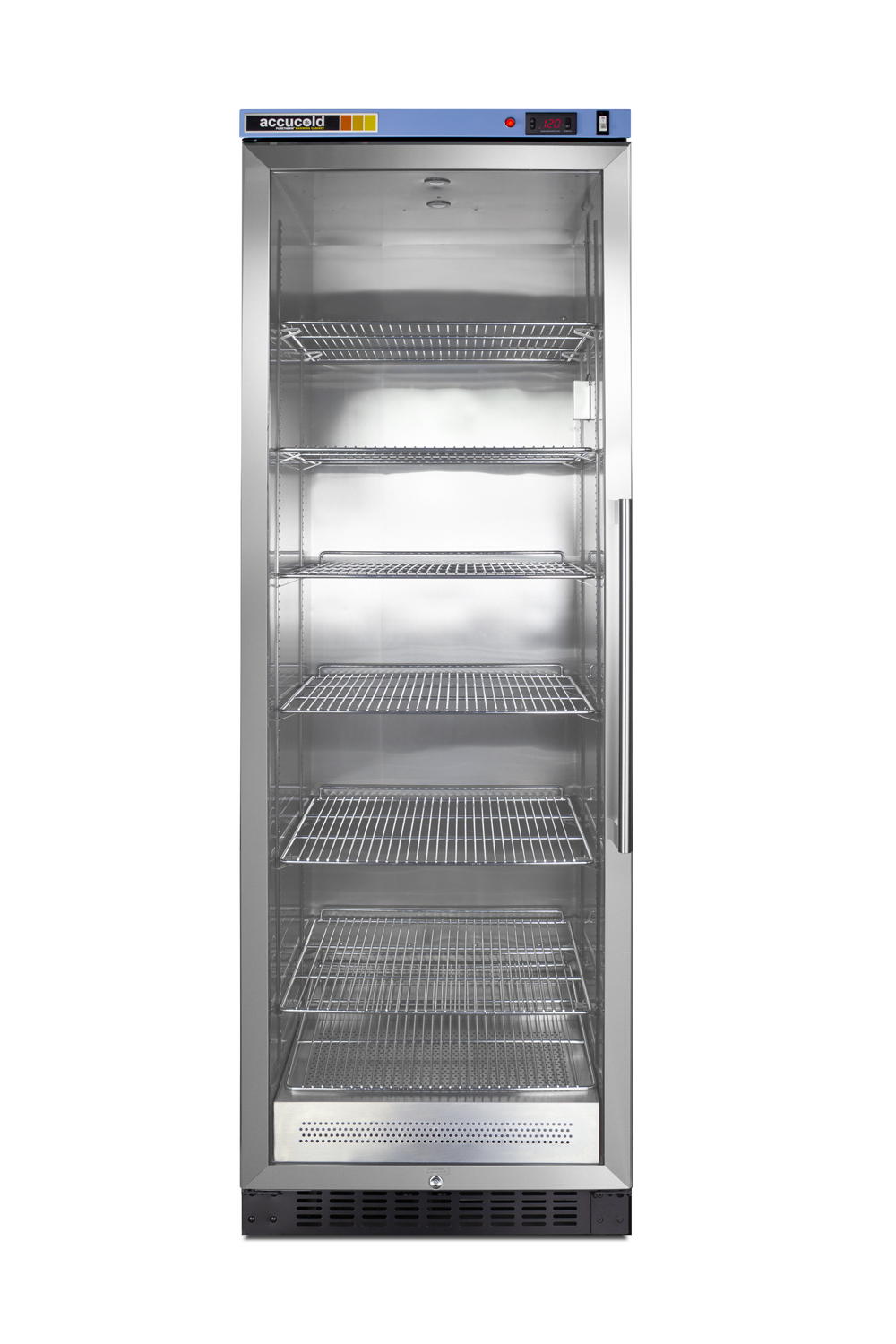 Single chamber passive heating blanket warmer with a self-closing glass door, stainless steel interior, digital thermostat, stainless steel cabinet, and lock